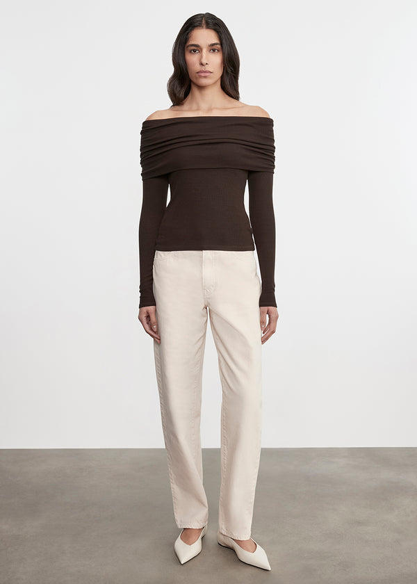 Enza Costa Silk Rib L/S Off-Shoulder Top Coffee Bean