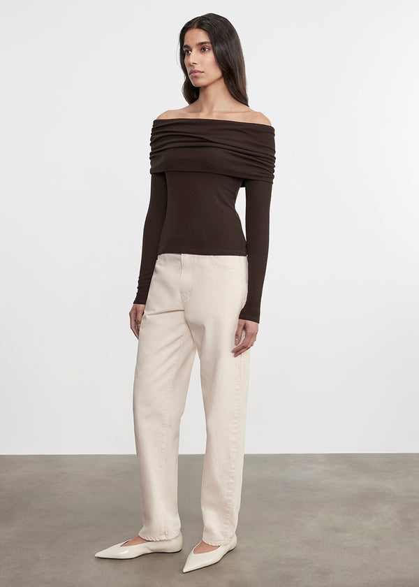 Enza Costa Silk Rib L/S Off-Shoulder Top Coffee Bean