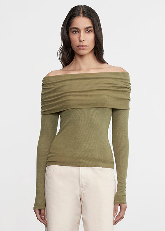 enza Costa Silk Rib L/S Off-Shoulder Top Olive Stone