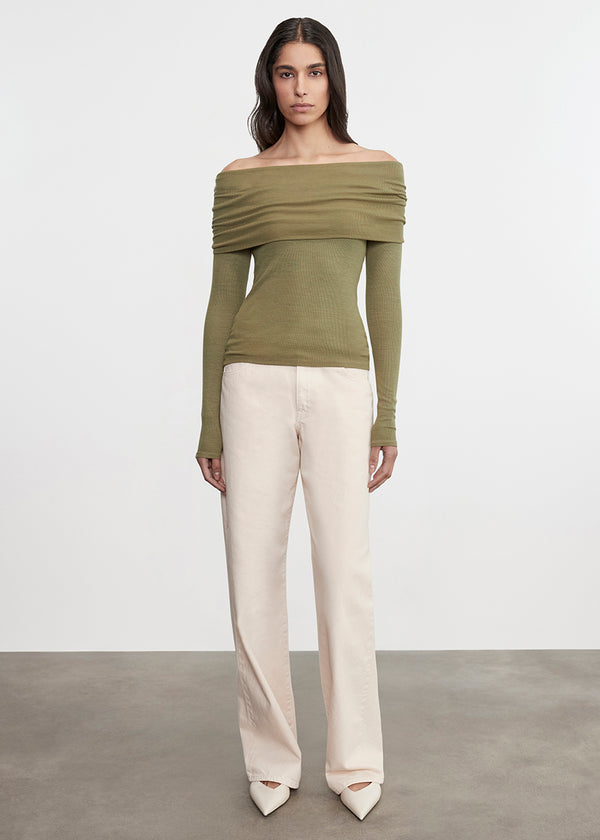 enza Costa Silk Rib L/S Off-Shoulder Top Olive Stone