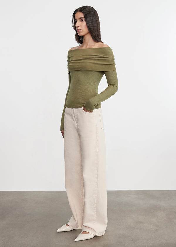 enza Costa Silk Rib L/S Off-Shoulder Top Olive Stone