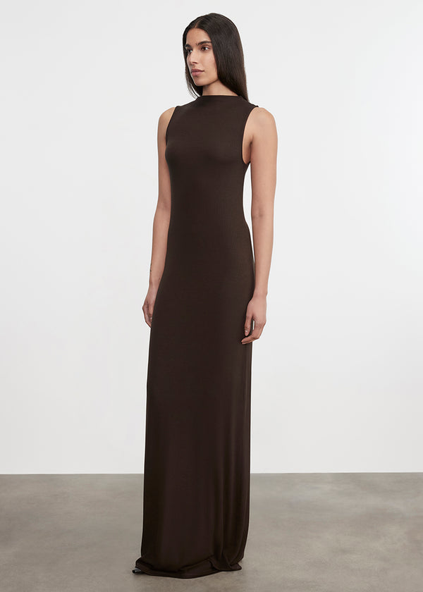 Enza Costa Silk Rib Mockneck Fluid Dress Coffee Bean
