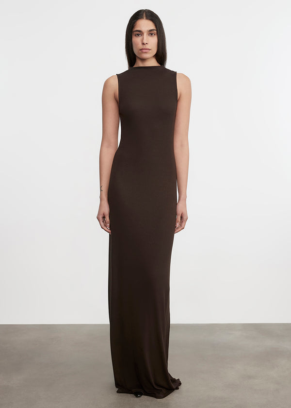 enza costa Silk Rib Mockneck Fluid Dress Coffee Bean