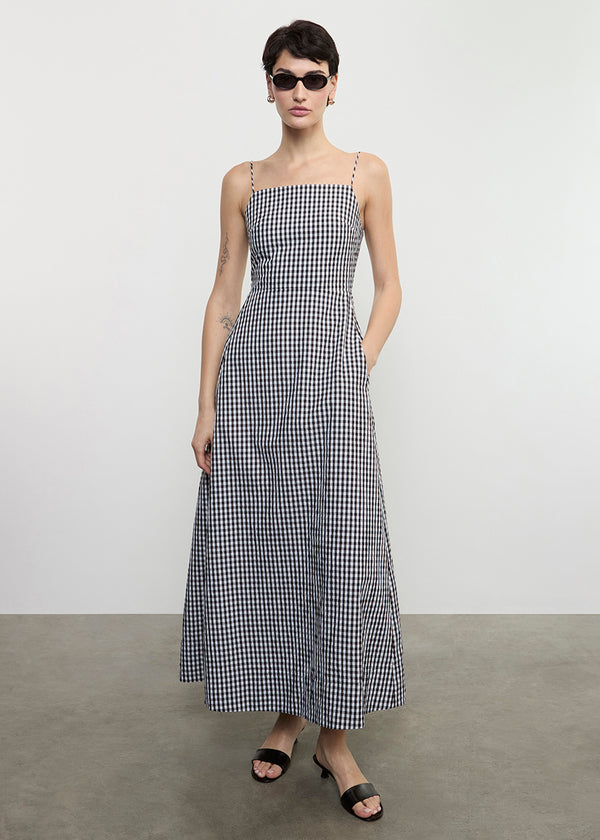 Enza Costa Textured Gingham Dress In Japanese Cotton Black Gingham