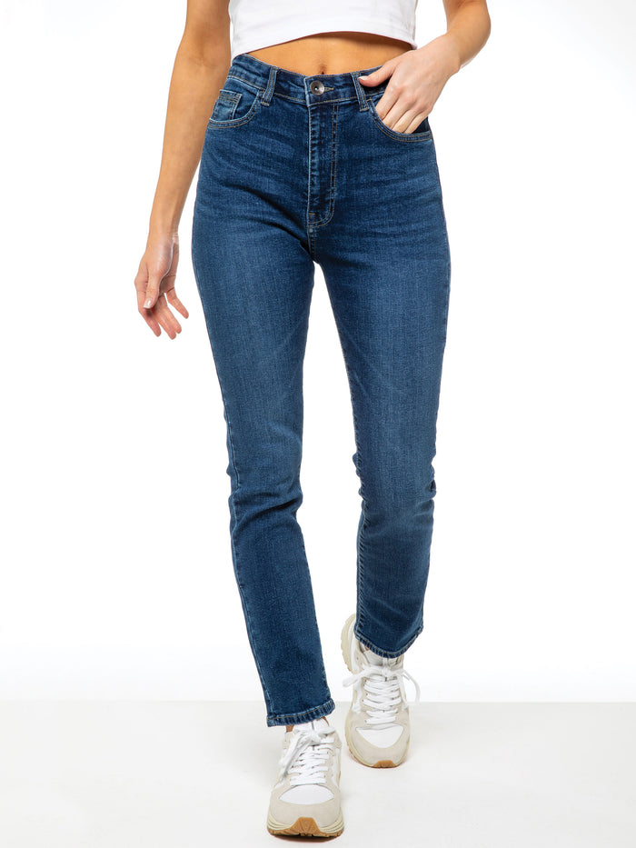 Enzo Jeans Callie 90s High Rise Slim Straight Jeans - Blue