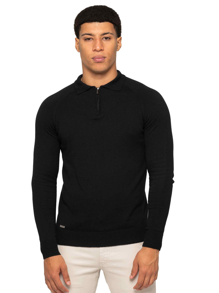 Enzo Jeans Collar Neck Half Zip Knitted Jumper - Black