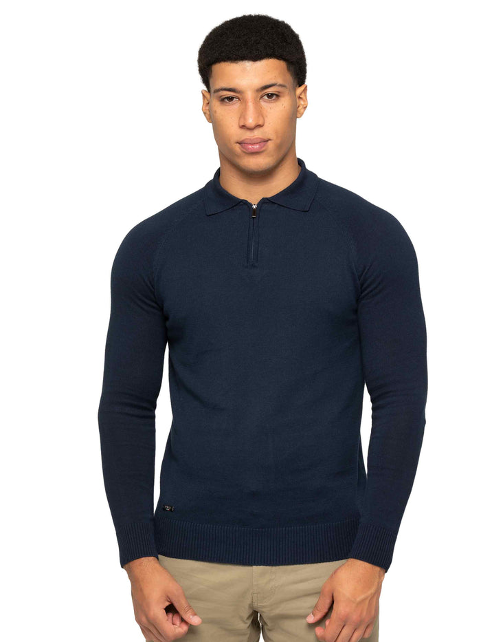Enzo Jeans Collar Neck Half Zip Knitted Jumper - Navy