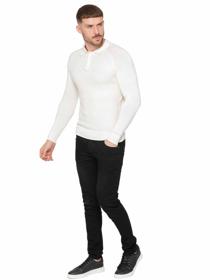 Enzo Jeans Collar Neck Waffle Texture Jumper - Off White