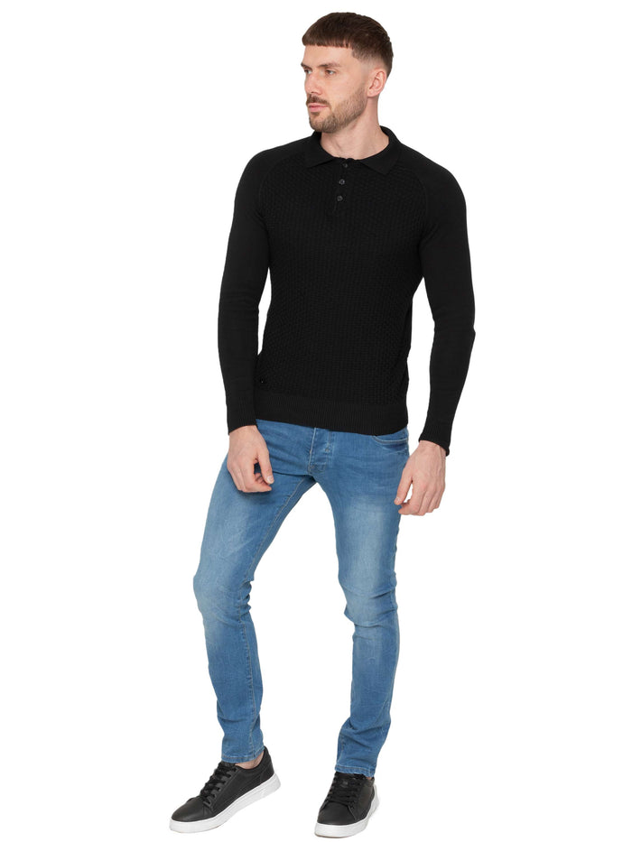Enzo Jeans Collar Neck Waffle Texture Jumper - Black