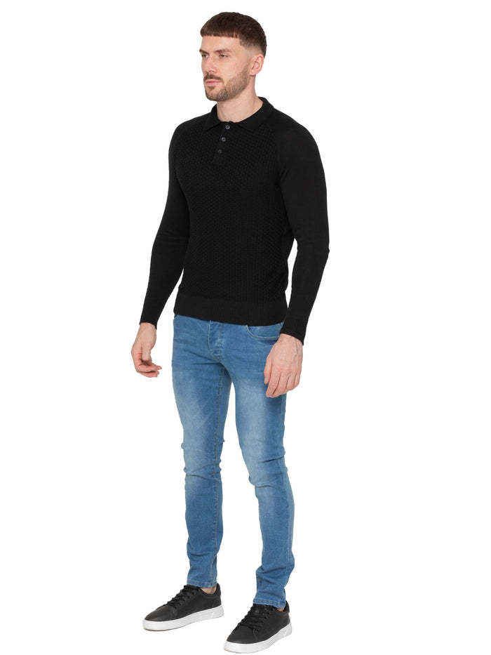 Enzo Jeans Collar Neck Waffle Texture Jumper - Black