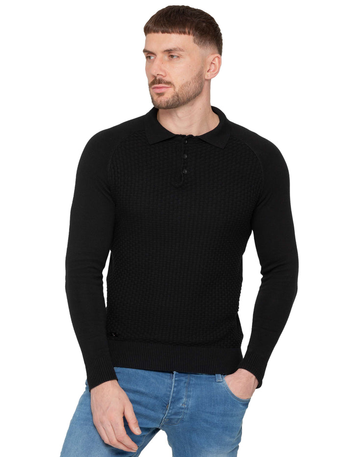 enzo jeans Collar Neck Waffle Texture Jumper - Black
