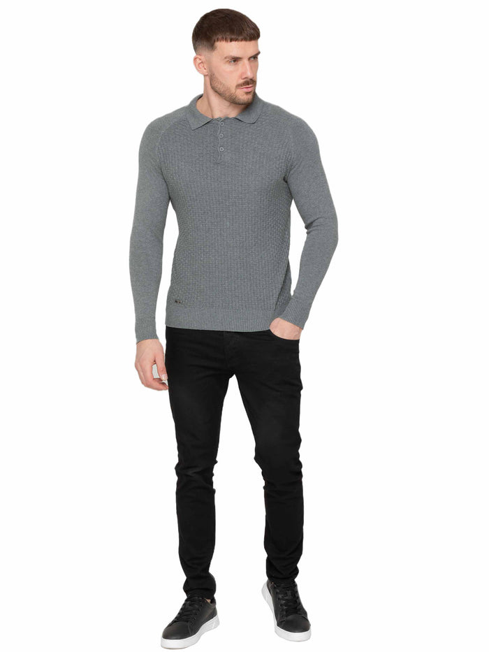 Enzo Jeans Collar Neck Waffle Texture Jumper - Grey