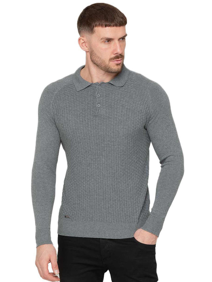 Enzo Jeans Collar Neck Waffle Texture Jumper - Grey