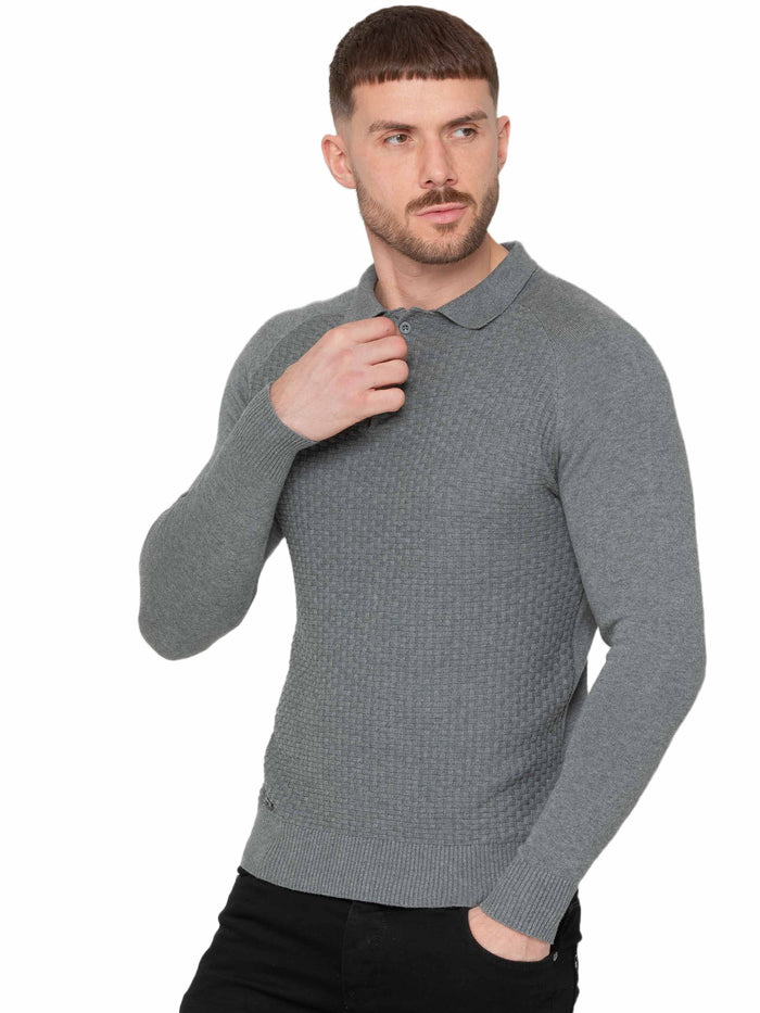 enzo jeans Collar Neck Waffle Texture Jumper - Grey