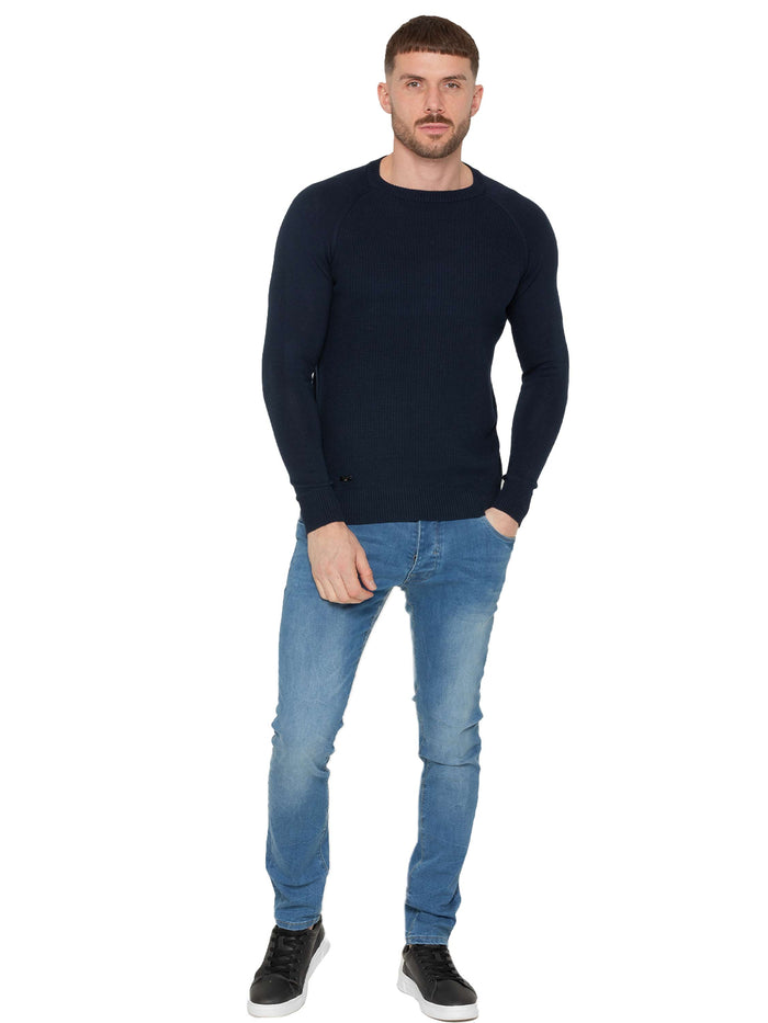 Enzo Jeans Crew Neck Cotton Knitted Jumper - Navy