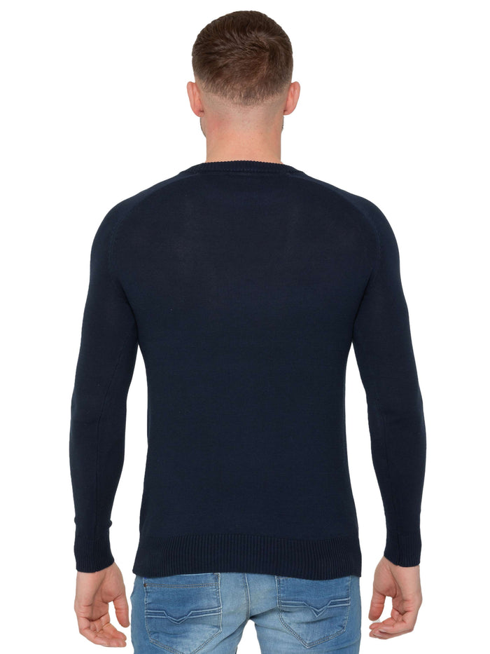 Enzo Jeans Crew Neck Cotton Knitted Jumper - Navy