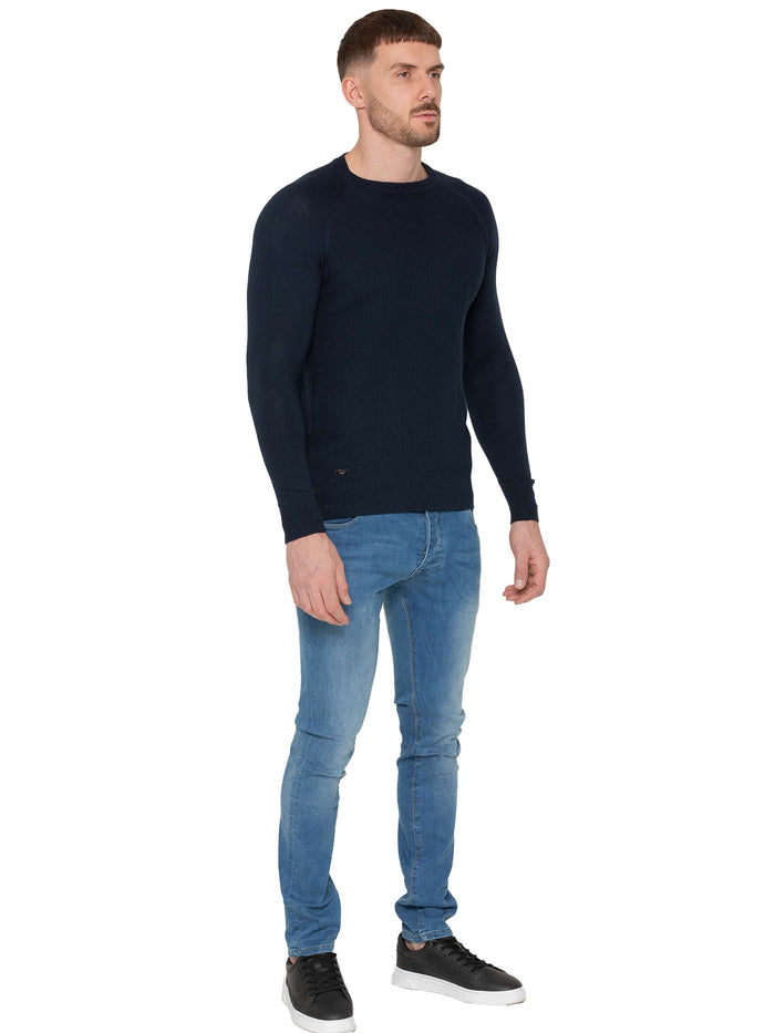 Enzo Jeans Crew Neck Cotton Knitted Jumper - Navy