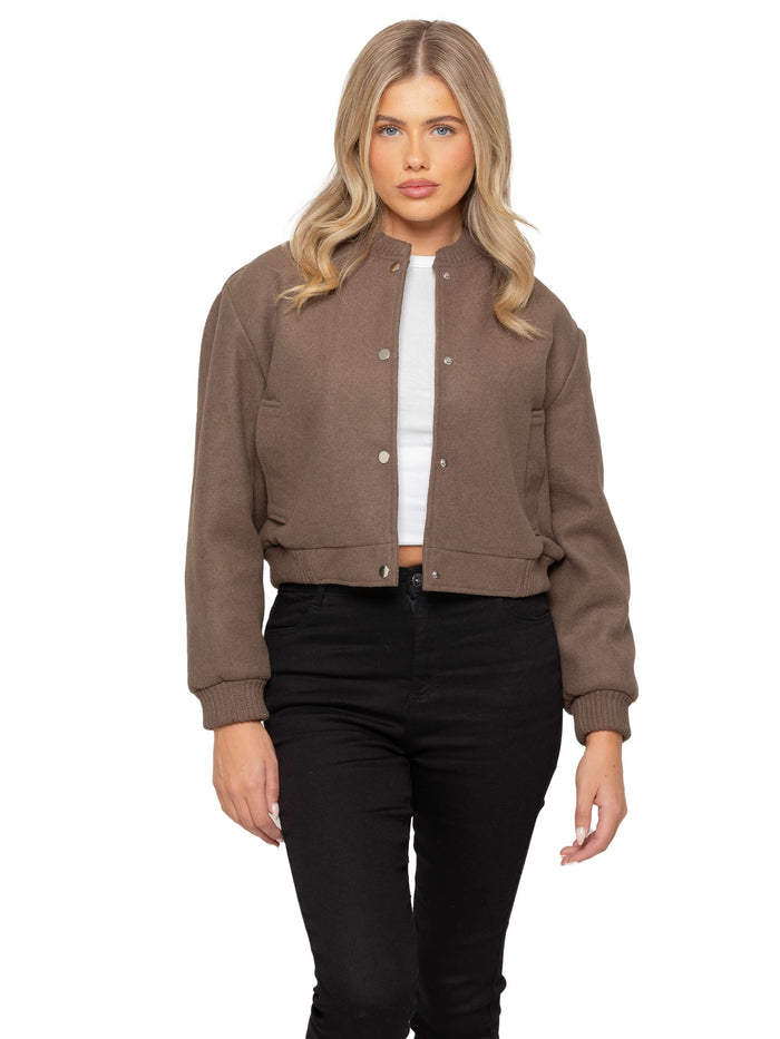 enzo jeans Crop Button Up Bomber Jacket - Brown