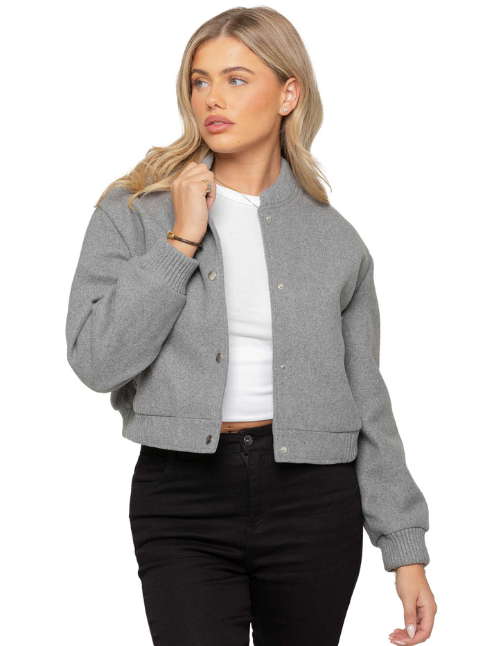 Enzo Jeans Crop Button Up Bomber Jacket - Grey