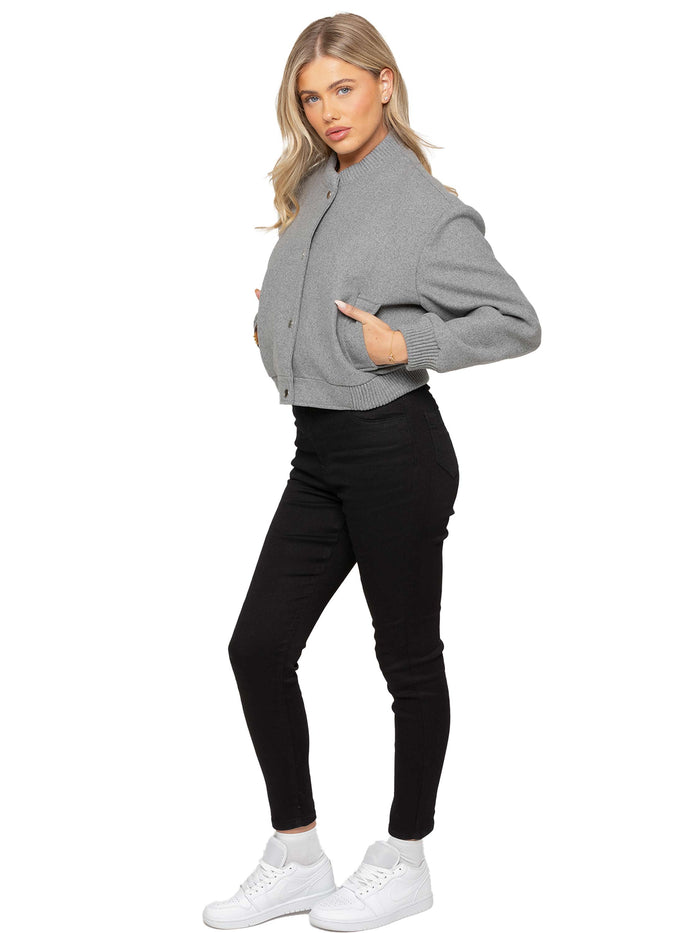 Enzo Jeans Crop Button Up Bomber Jacket - Grey