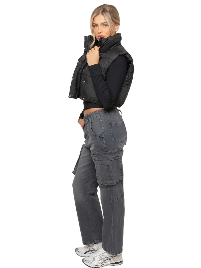 Enzo Jeans Crop Puffer Gilet - Black