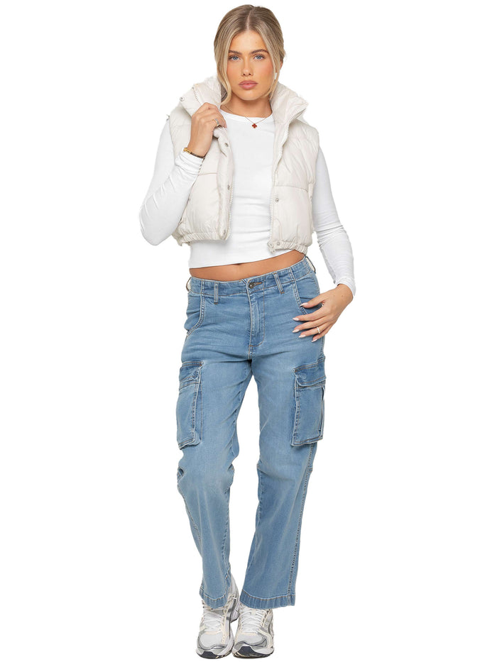 Enzo Jeans Crop Puffer Gilet - Off White