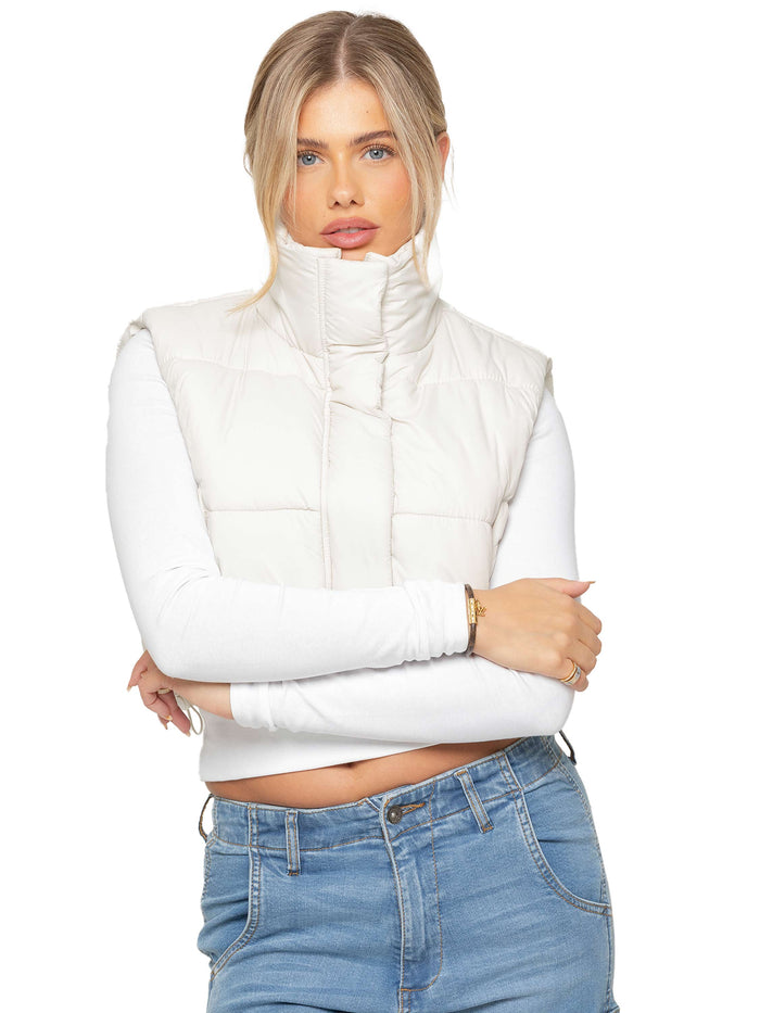 Enzo Jeans Crop Puffer Gilet - Off White