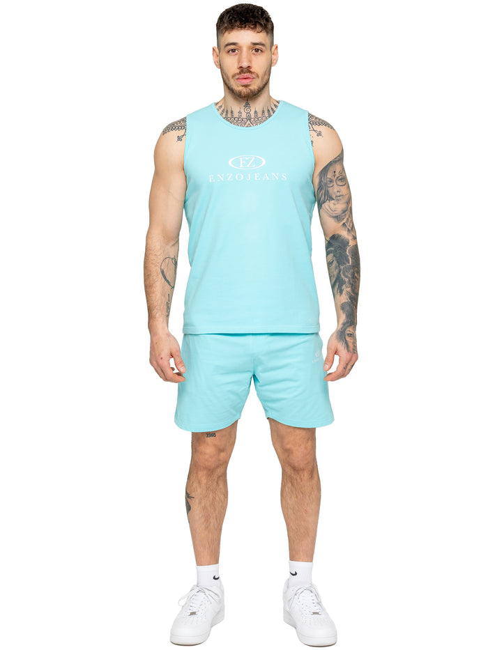 Enzo Jeans Fabrizio Vest And Shorts Set - Aqua Blue