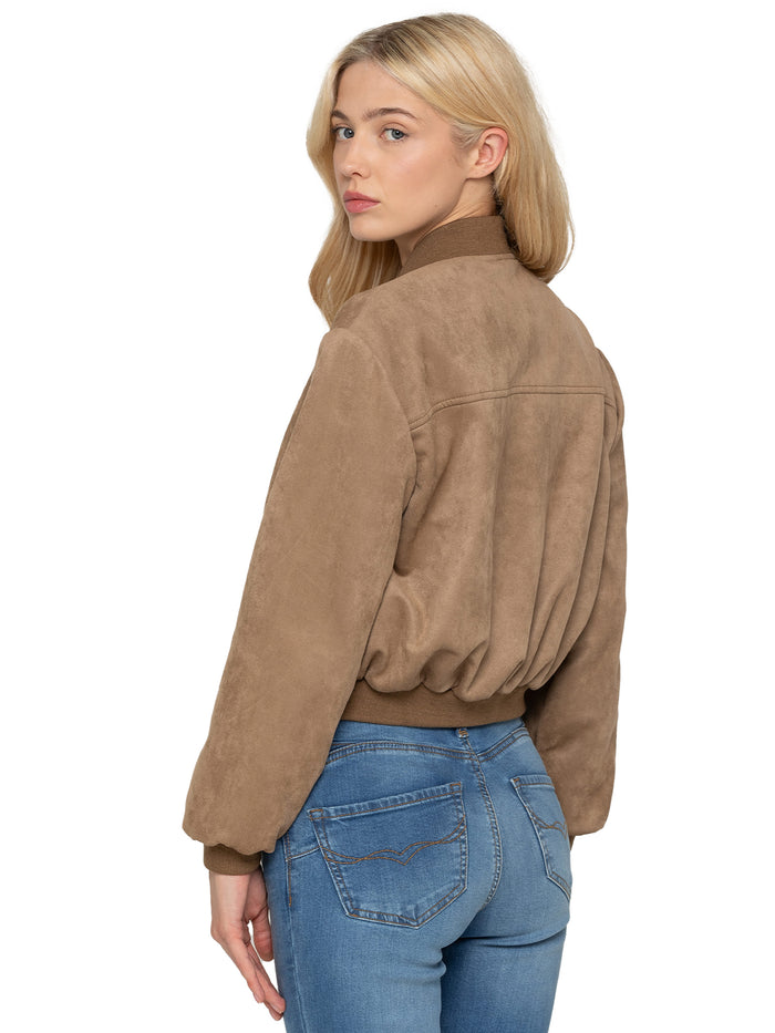 Enzo Jeans Faux Suede Bomber Jacket - Beige