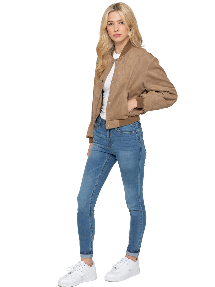 Enzo Jeans Faux Suede Bomber Jacket - Beige
