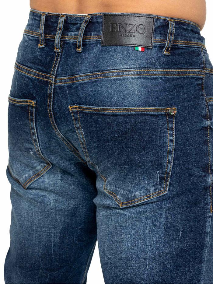 Enzo Jeans Gabriel Straight Ripped Jeans - Dark Blue