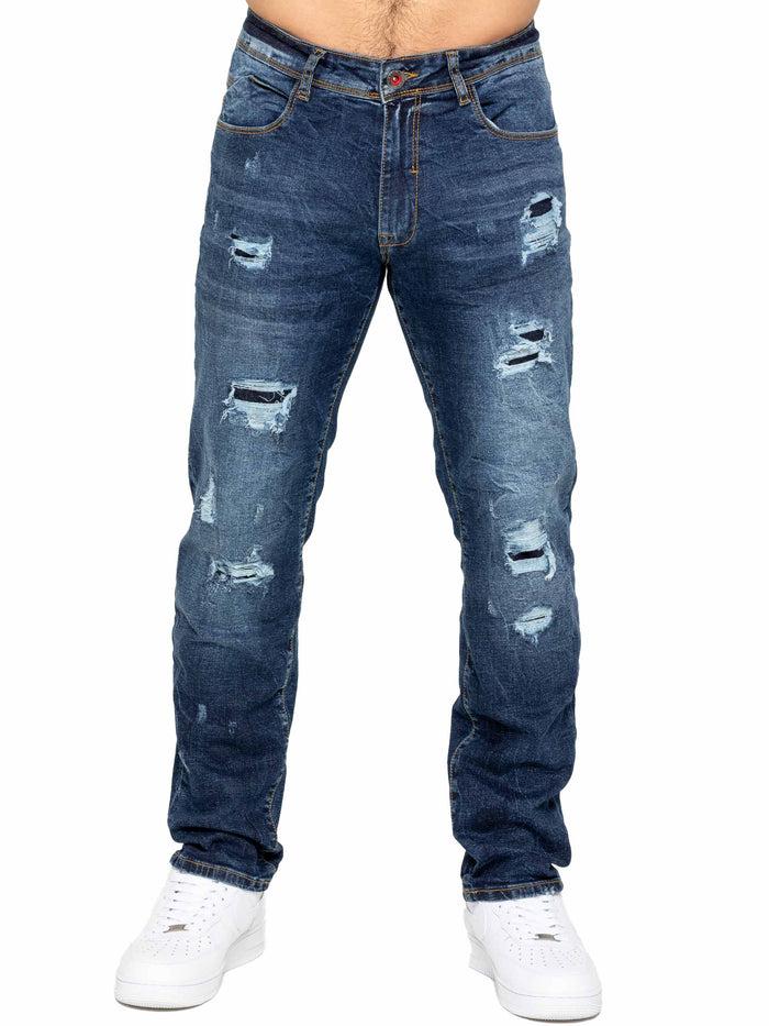 enzo jeans Gabriel Straight Ripped Jeans - Dark Blue