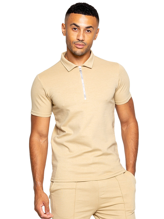enzo jeans Karson Zip Polo Shirt - Stone