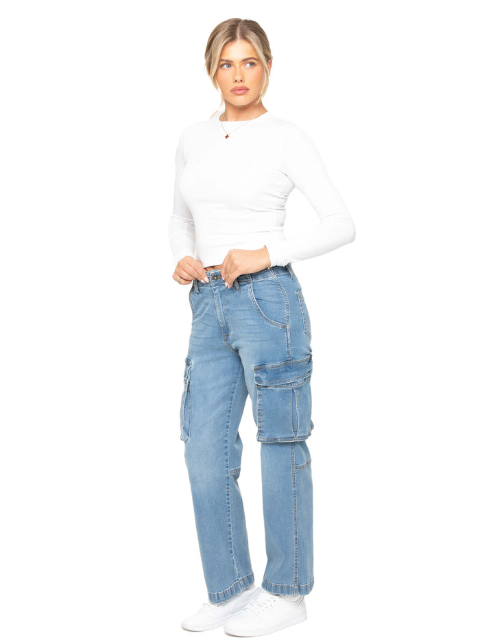 enzo jeans Kaylee Straight Leg Cargo Jeans - Blue