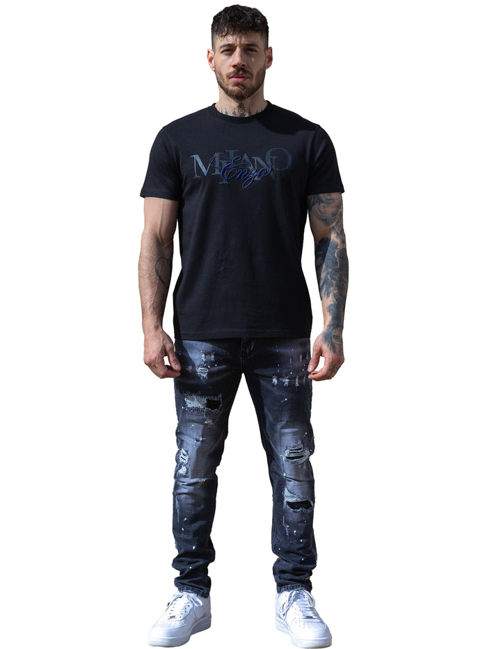 Enzo Jeans Lazarro Embroidered T-Shirt - Black