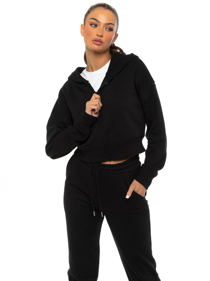enzo jeans Plush Crop Zip Hoodie - Black