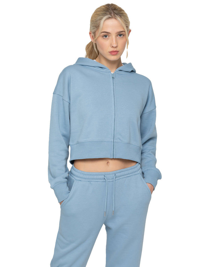 enzo jeans Plush Crop Zip Hoodie - Blue