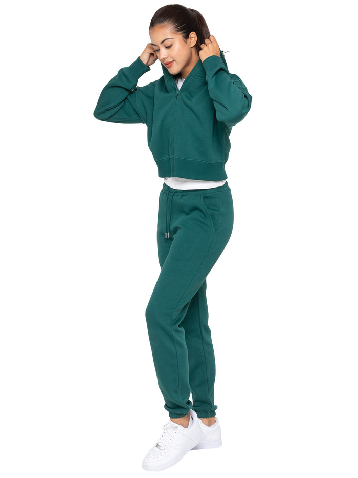 Enzo Jeans Plush Crop Zip Hoodie - Forest Green
