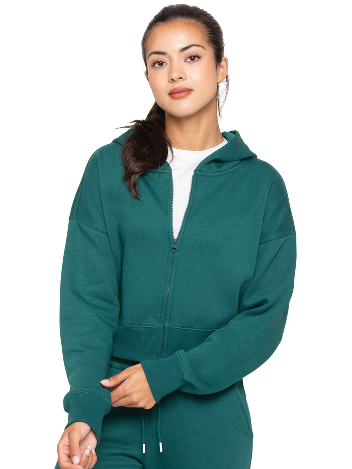 enzo jeans Plush Crop Zip Hoodie - Forest Green