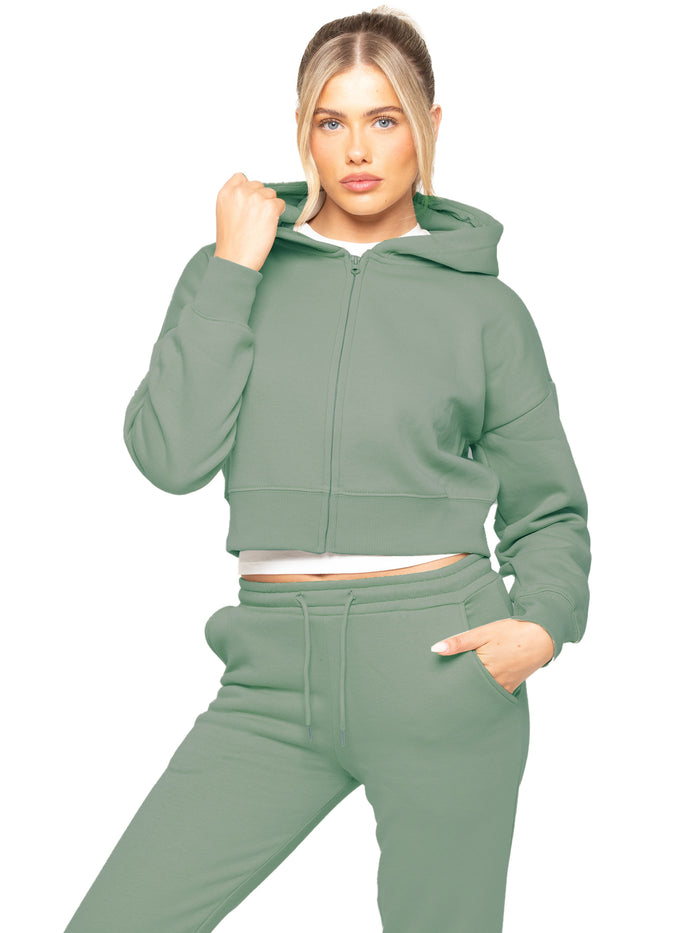 Enzo Jeans Plush Crop Zip Hoodie - Khaki