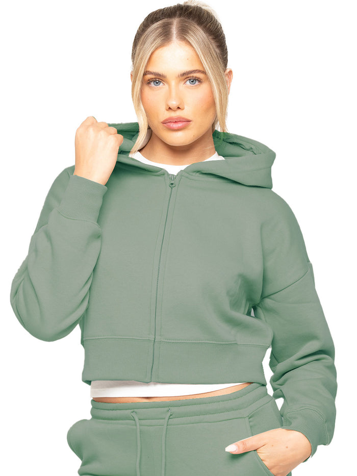 enzo jeans Plush Crop Zip Hoodie - Khaki