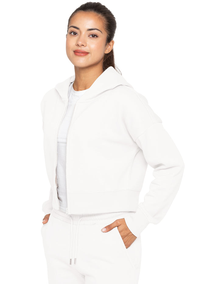 Enzo Jeans Plush Crop Zip Hoodie - Off White