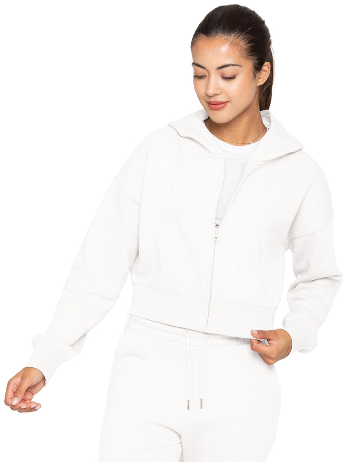 Enzo Jeans Plush Crop Zip Hoodie - Off White