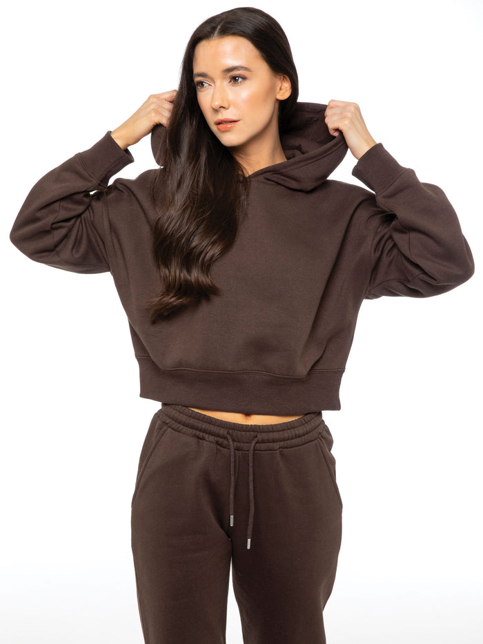 Enzo Jeans Plush Cropped Hoodie - Brown