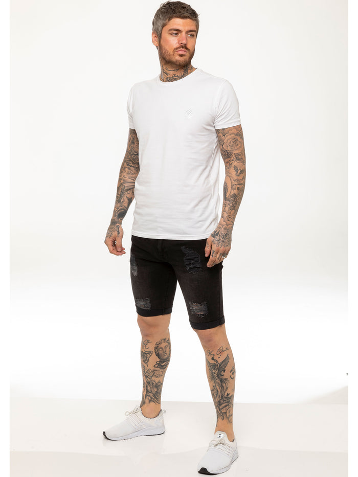 Enzo Jeans Theo Stretch Rip Denim Shorts - Black