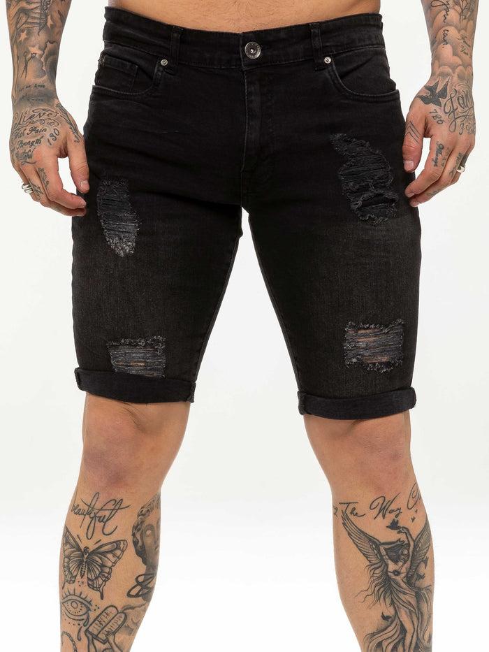enzo jeans Theo Stretch Rip Denim Shorts - Black