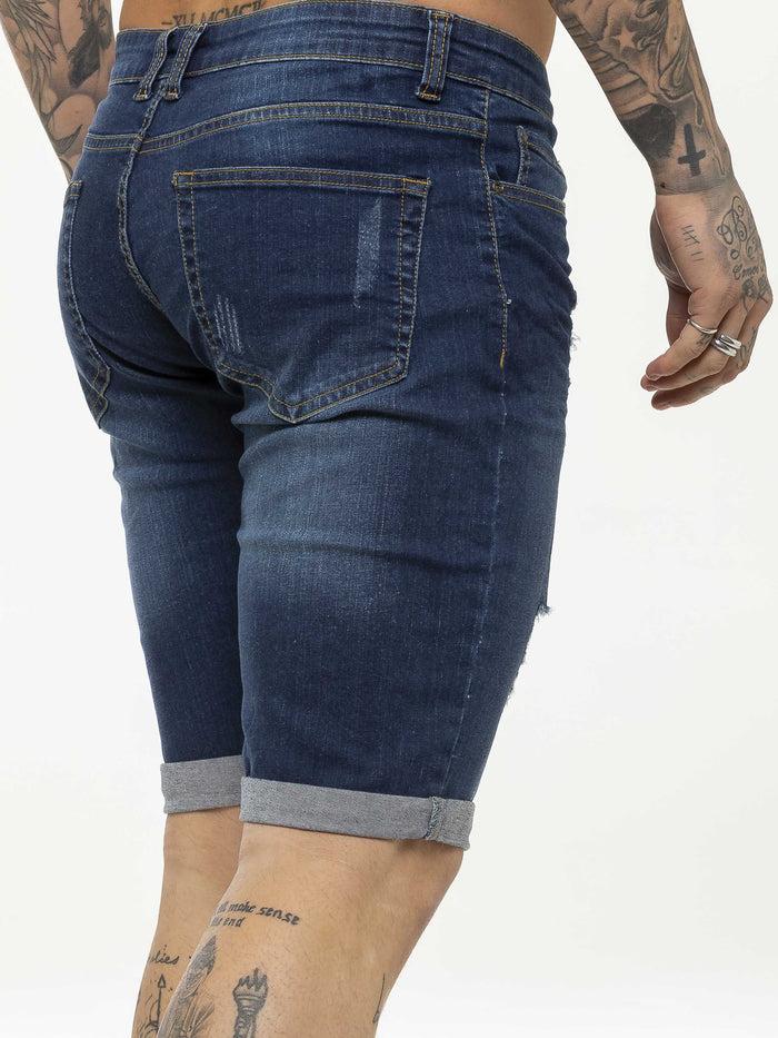 Enzo Jeans Theo Stretch Rip Denim Shorts - Blue