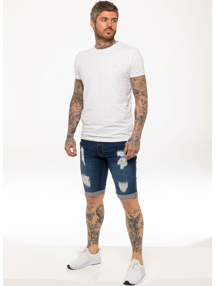 Enzo Jeans Theo Stretch Rip Denim Shorts - Blue