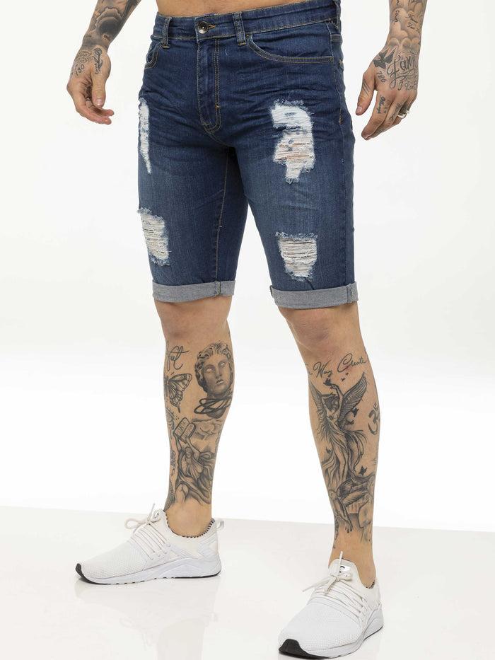 enzo jeans Theo Stretch Rip Denim Shorts - Blue