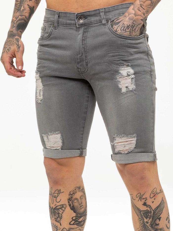 Enzo Jeans Theo Stretch Rip Denim Shorts - Grey